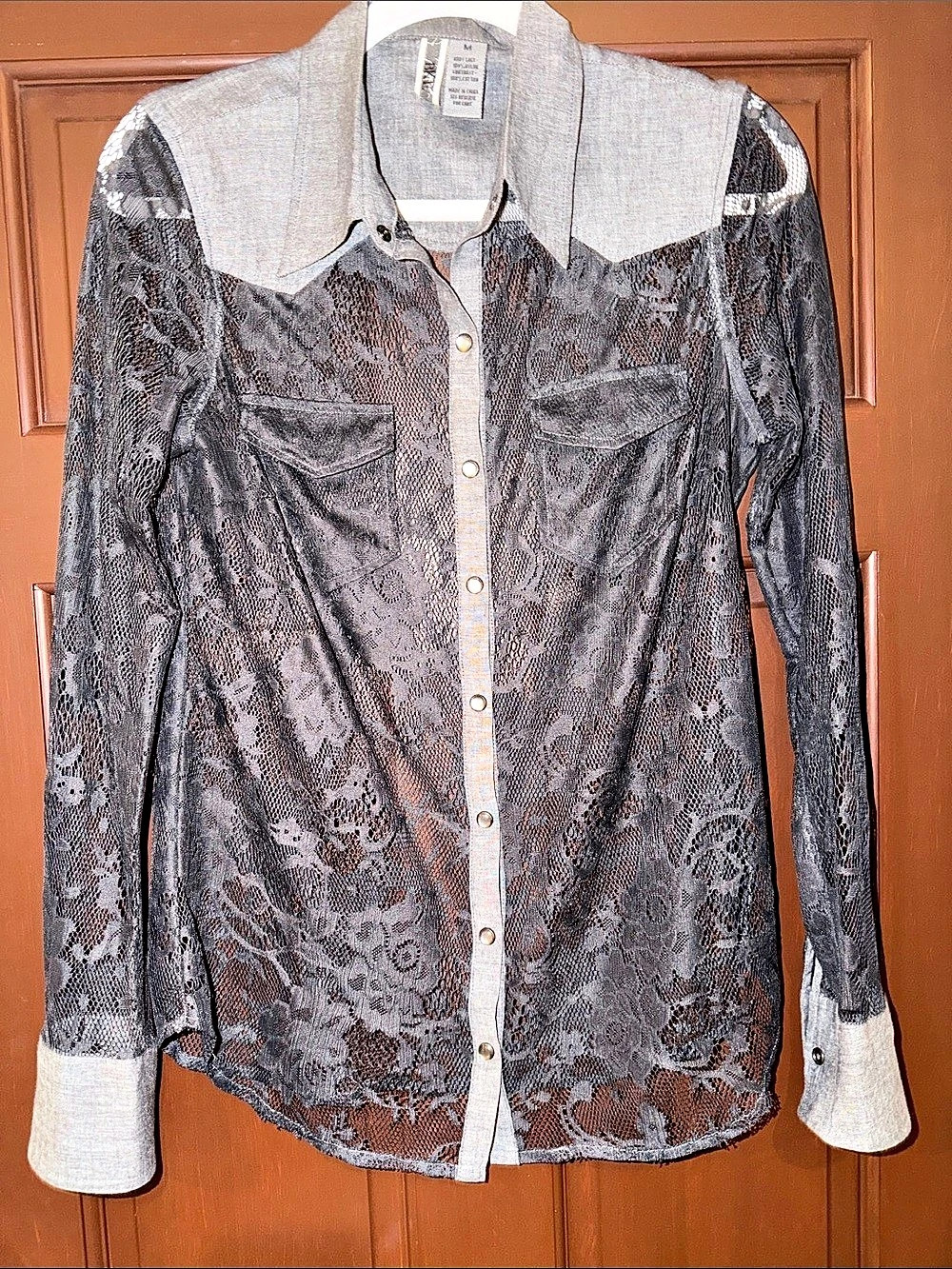 Roper Floral Lace Western Shirt Gray Black Size Large Like New